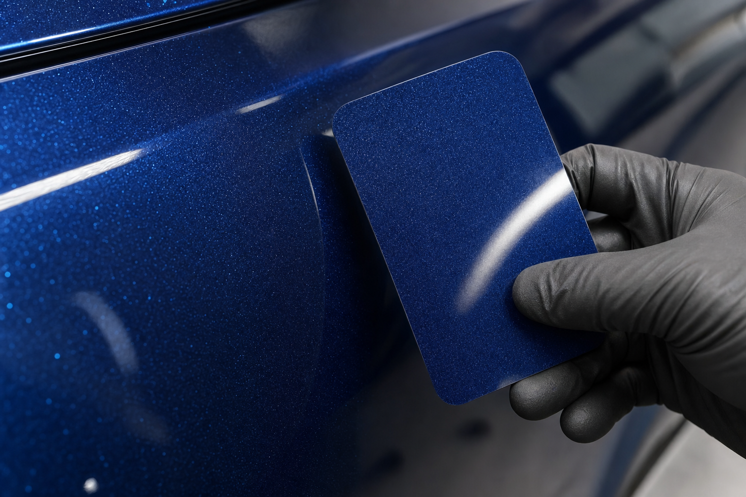 A technician in a protective glove color-matching a paint sample against a vehicle panel